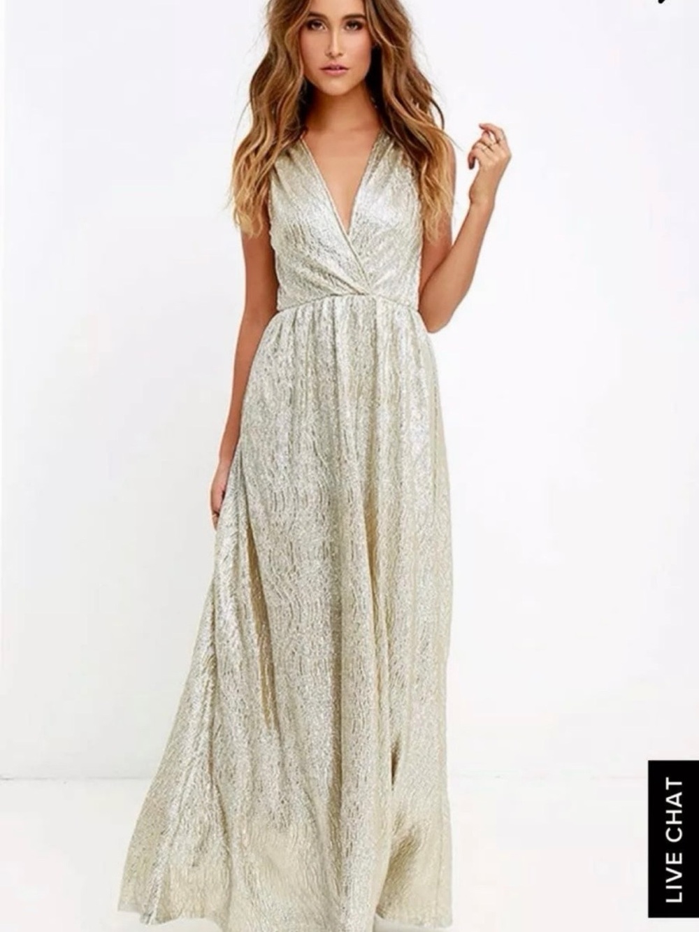Lulu's Metallic Gold Sleeveless V-Neck Maxi Dress